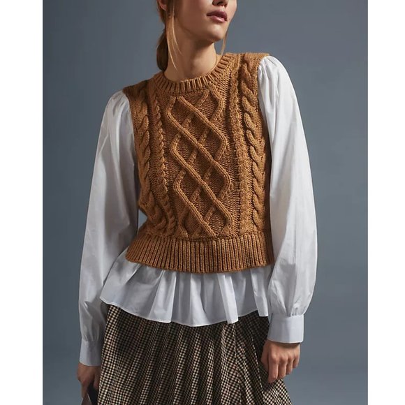 By Anthropologie Sweater Vest & Blouse Layered Top Honey Brown Large Petite LP - Picture 1 of 9